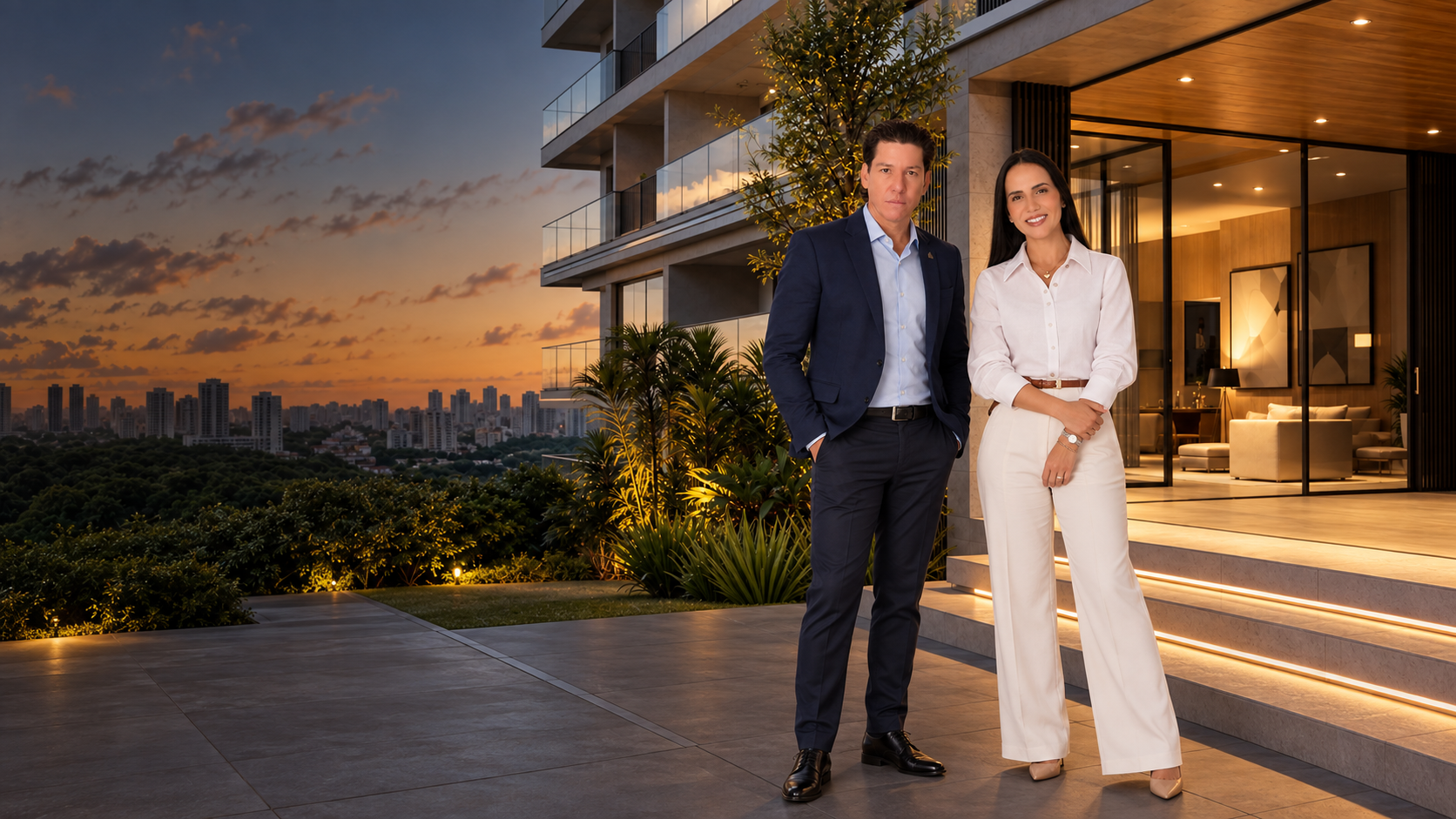 Equipe WilFer Imóveis recepcionando clientes na entrada de imóvel premium